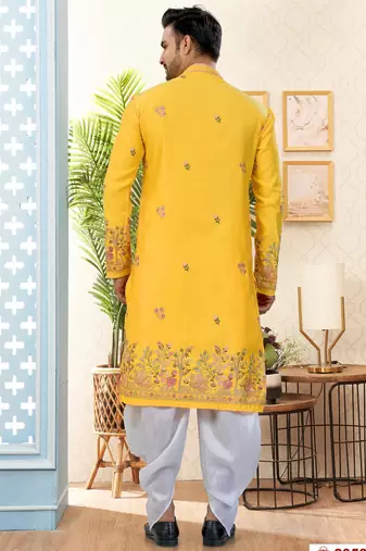 yellow silk dhoti kurta with thread & flower booti work