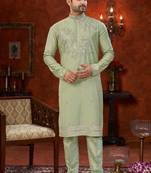 Pista green soft silk with zari work on neck & daman amrodery work with thred and less work kurta pajama set
