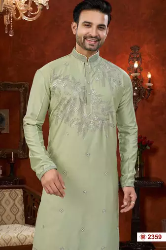 pista green silk kurta pajama with zari & daman work