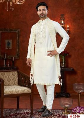 cream silk kurta pajama with beads & daman embroidery 1