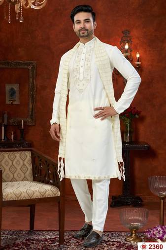 Cream soft silk with beads work on neck & daman amrodery work with thred and less work kurta pajama set