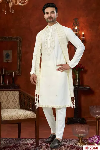 Cream soft silk with beads work on neck & daman amrodery work with thred and less work kurta pajama set