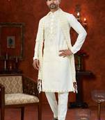 Cream soft silk with beads work on neck & daman amrodery work with thred and less work kurta pajama set