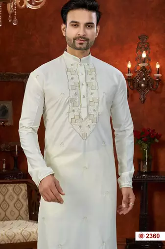 cream silk kurta pajama with beads & daman embroidery