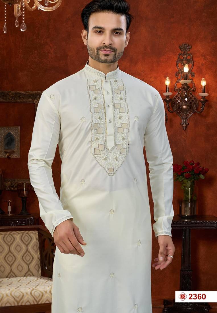 Cream soft silk with beads work on neck & daman amrodery work with thred and less work kurta pajama set