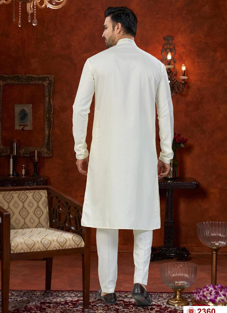 Cream soft silk with beads work on neck & daman amrodery work with thred and less work kurta pajama set