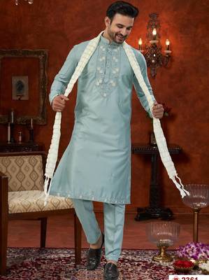 mint blue silk kurta pajama with daman & beads embroidery 1