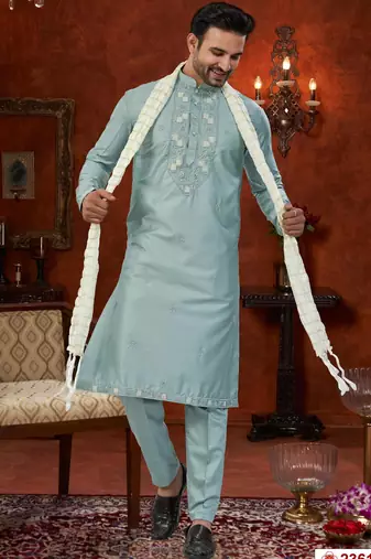Mint blue soft silk with beads work on neck & daman amrodery work with thred and less work kurta pajama set