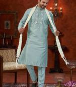 Mint blue soft silk with beads work on neck & daman amrodery work with thred and less work kurta pajama set