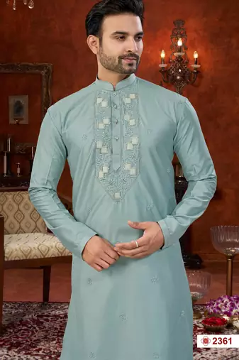 mint blue silk kurta pajama with daman & beads embroidery