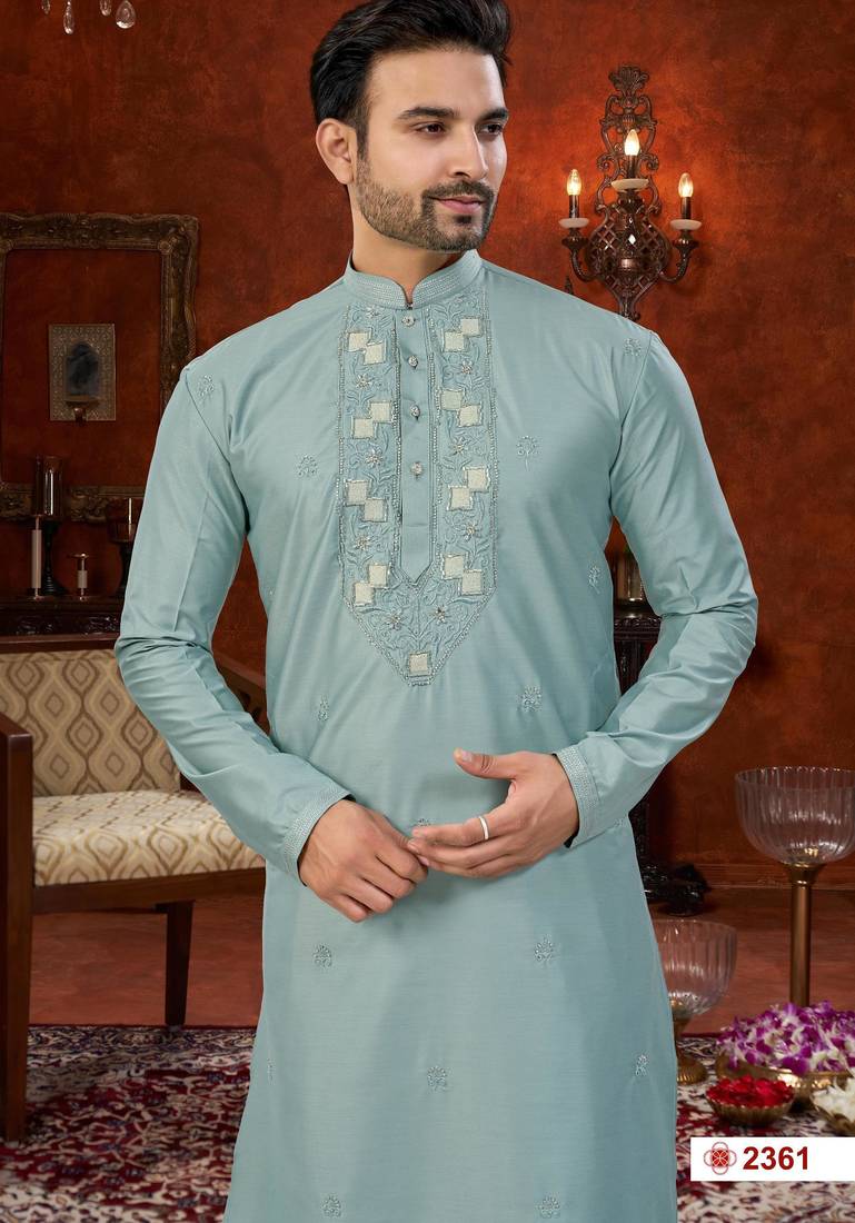 Mint blue soft silk with beads work on neck & daman amrodery work with thred and less work kurta pajama set
