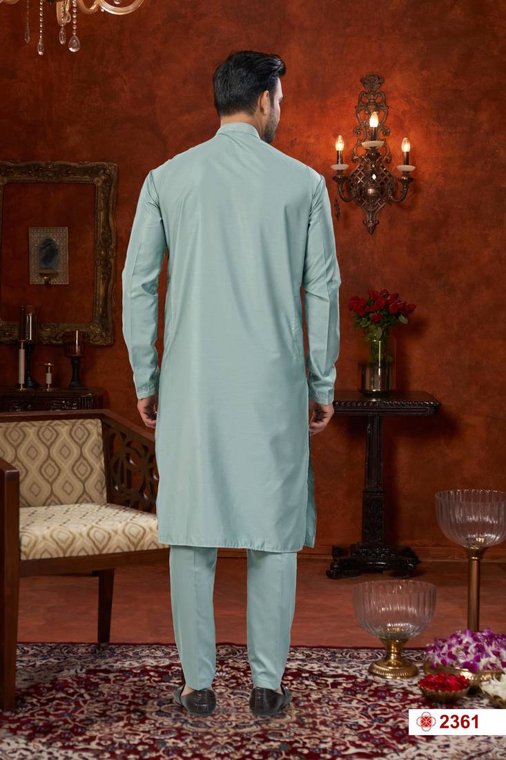 Mint blue soft silk with beads work on neck & daman amrodery work with thred and less work kurta pajama set