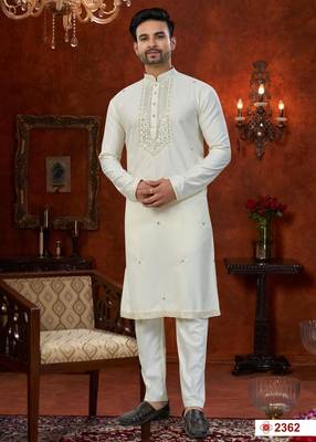 cream silk kurta pajama with beads & mirror daman work 1