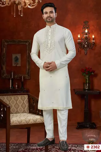 Cream soft silk with beads & mirror work on neck & daman amrodery work with thred and less work kurta pajama set