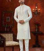 Cream soft silk with beads & mirror work on neck & daman amrodery work with thred and less work kurta pajama set