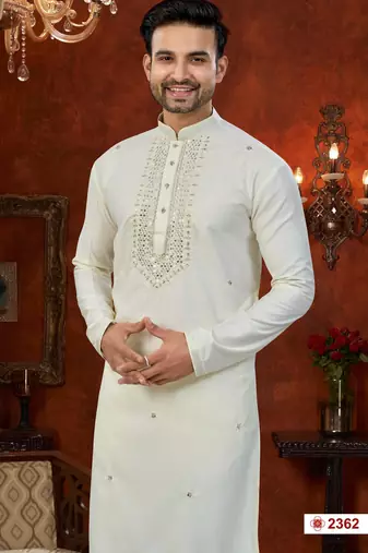 cream silk kurta pajama with beads & mirror daman work
