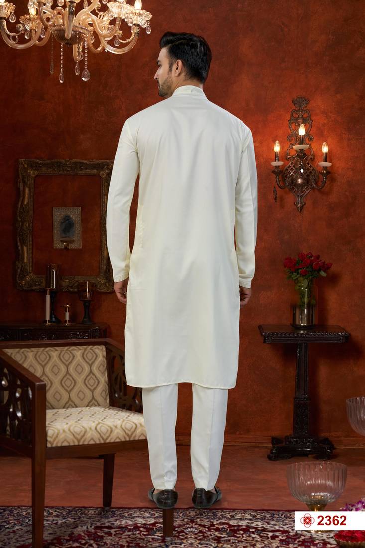 Cream soft silk with beads & mirror work on neck & daman amrodery work with thred and less work kurta pajama set