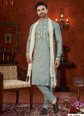 gray silk kurta pajama with beadwork and daman floral design 1