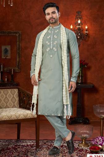 Gray  soft silk with beads work on neck & daman amrodery work with thred and less work kurta pajama set
