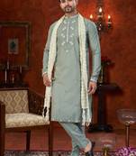 Gray  soft silk with beads work on neck & daman amrodery work with thred and less work kurta pajama set