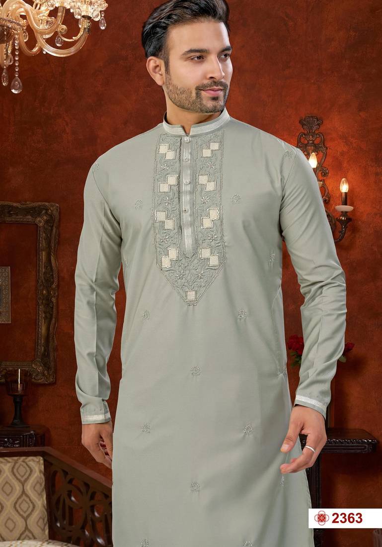 Gray  soft silk with beads work on neck & daman amrodery work with thred and less work kurta pajama set
