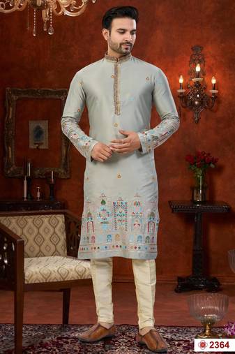 Gray  soft silk with flower booti & daman amrodery work with thred and less work kurta pajama set