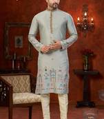 Gray  soft silk with flower booti & daman amrodery work with thred and less work kurta pajama set