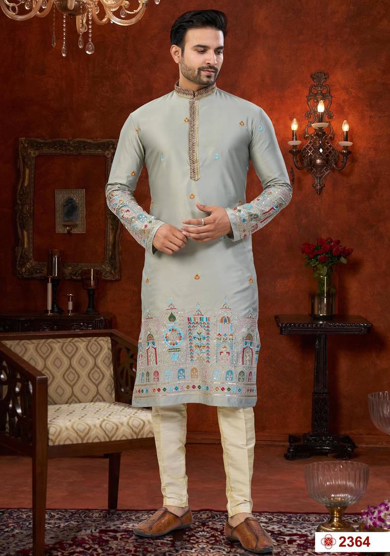 Gray  soft silk with flower booti & daman amrodery work with thred and less work kurta pajama set
