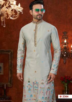 gray silk kurta pajama with flower booti & daman embroidery 2