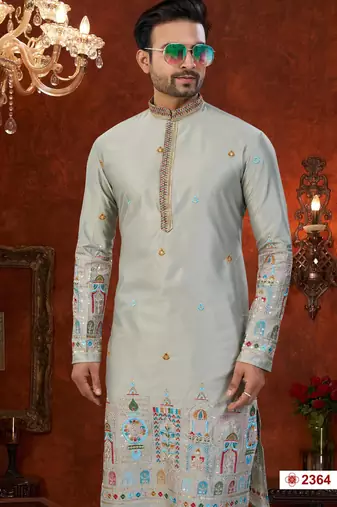 gray silk kurta pajama with flower booti & daman embroidery
