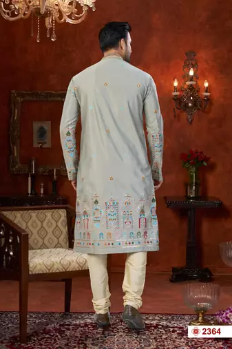 gray silk kurta pajama with flower booti & daman embroidery