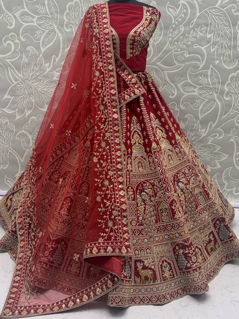 Sensational Red Thread Work Silk Bridal Lehenga Choli With Double Dupatta