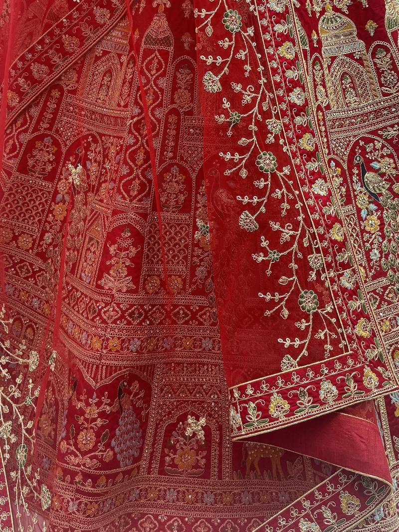 Sensational Red Thread Work Silk Bridal Lehenga Choli With Double Dupatta