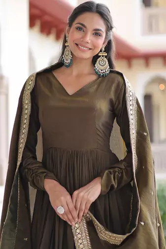 Wonderful Mehendi Green Sequins Silk Wedding Wear Anarkali Gown With Dupatta
