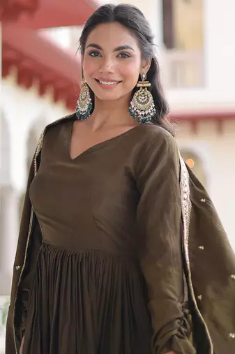 Wonderful Mehendi Green Sequins Silk Wedding Wear Anarkali Gown With Dupatta