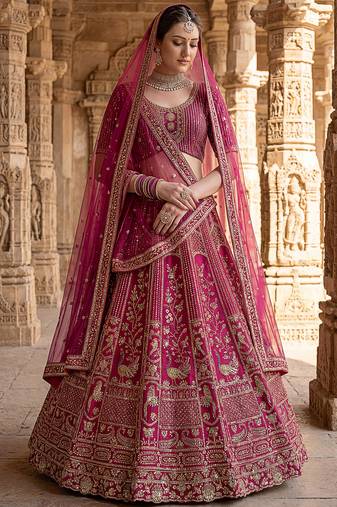 Classy Pink Thread Work Silk Bridal Lehenga Choli With Double Dupatta