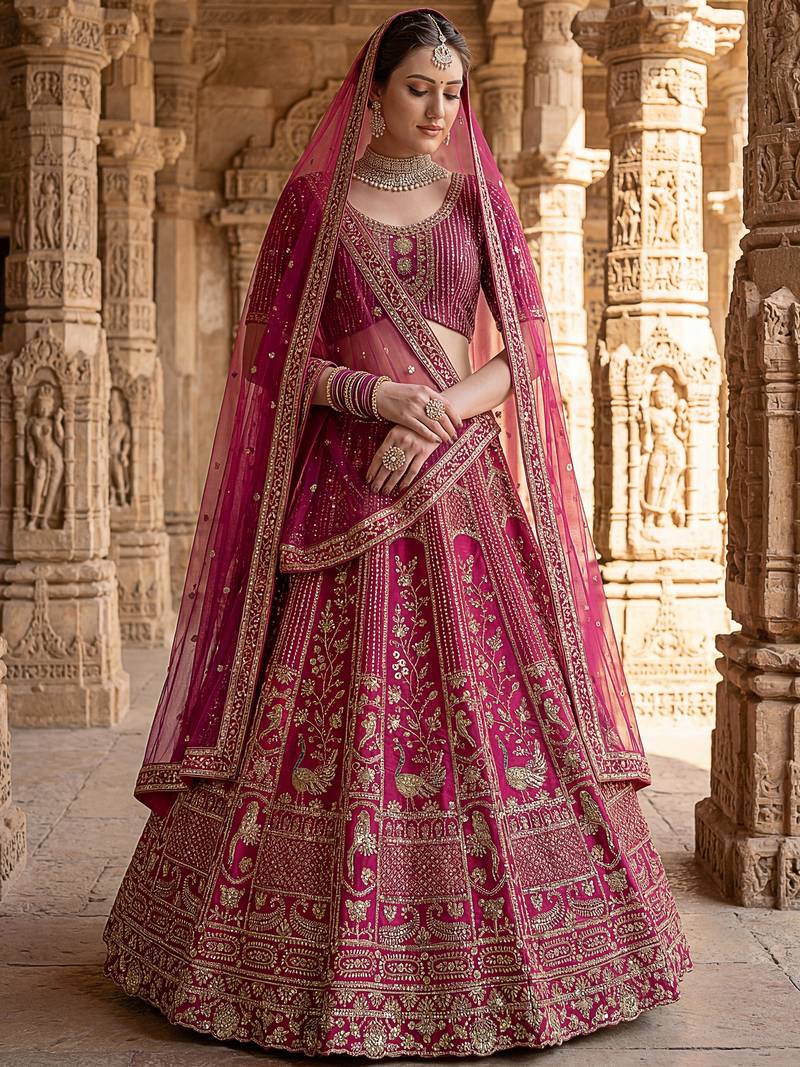 Classy Pink Thread Work Silk Bridal Lehenga Choli With Double Dupatta