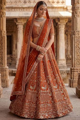 Beautiful Rust Orange Sequins Silk Bridal Lehenga Choli With Double Dupatta