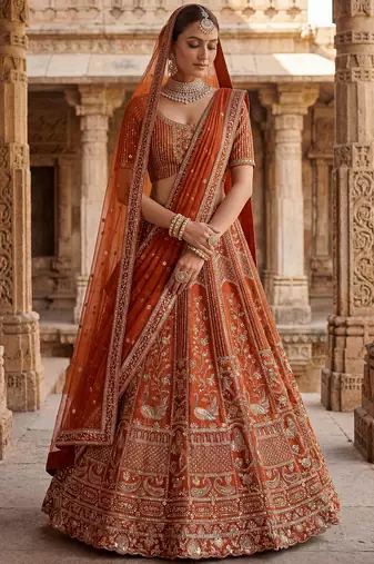 Beautiful Rust Orange Sequins Silk Bridal Lehenga Choli With Double Dupatta