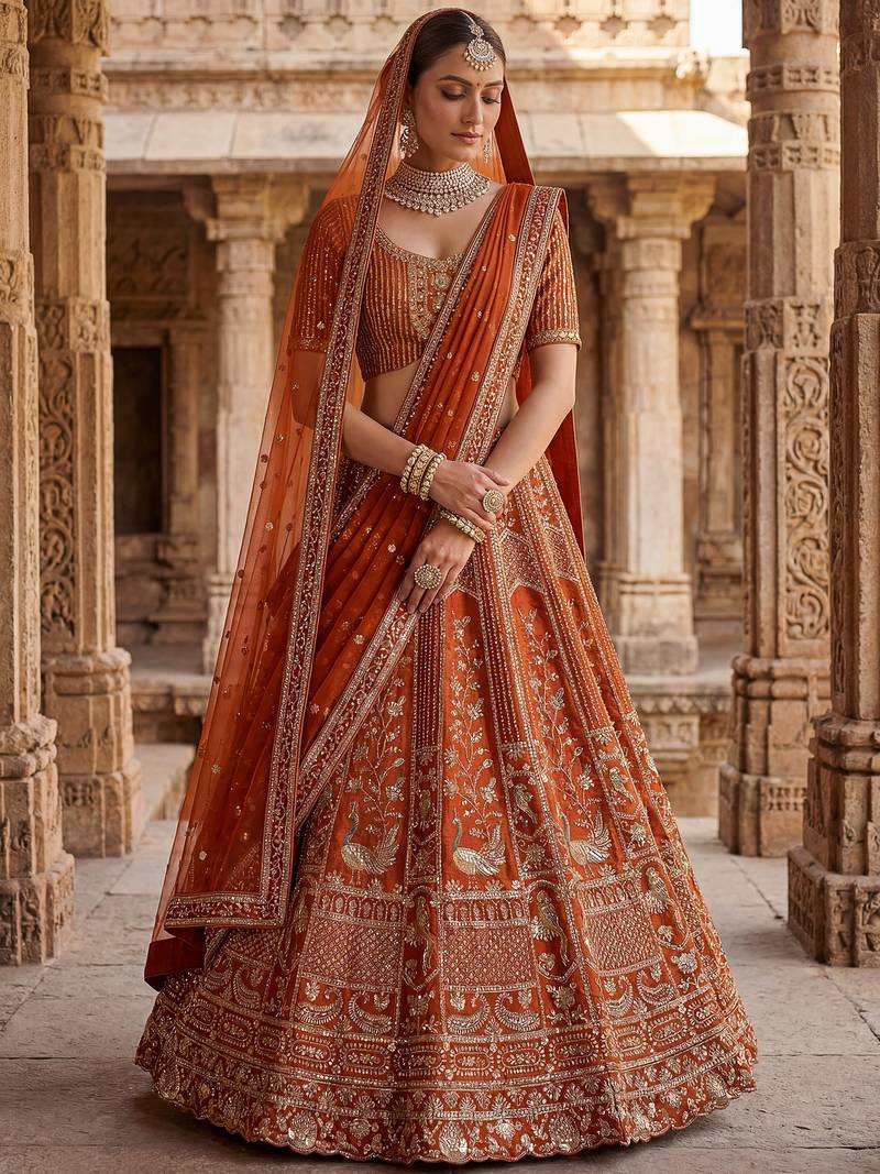 Beautiful Rust Orange Sequins Silk Bridal Lehenga Choli With Double Dupatta