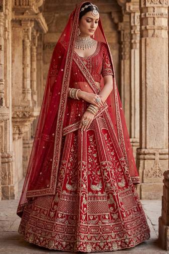 Astonishing Red Hand Work Silk Bridal Lehenga Choli With Double Dupatta
