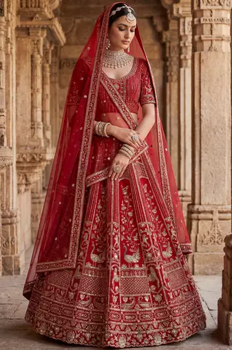 Astonishing Red Hand Work Silk Bridal Lehenga Choli With Double Dupatta