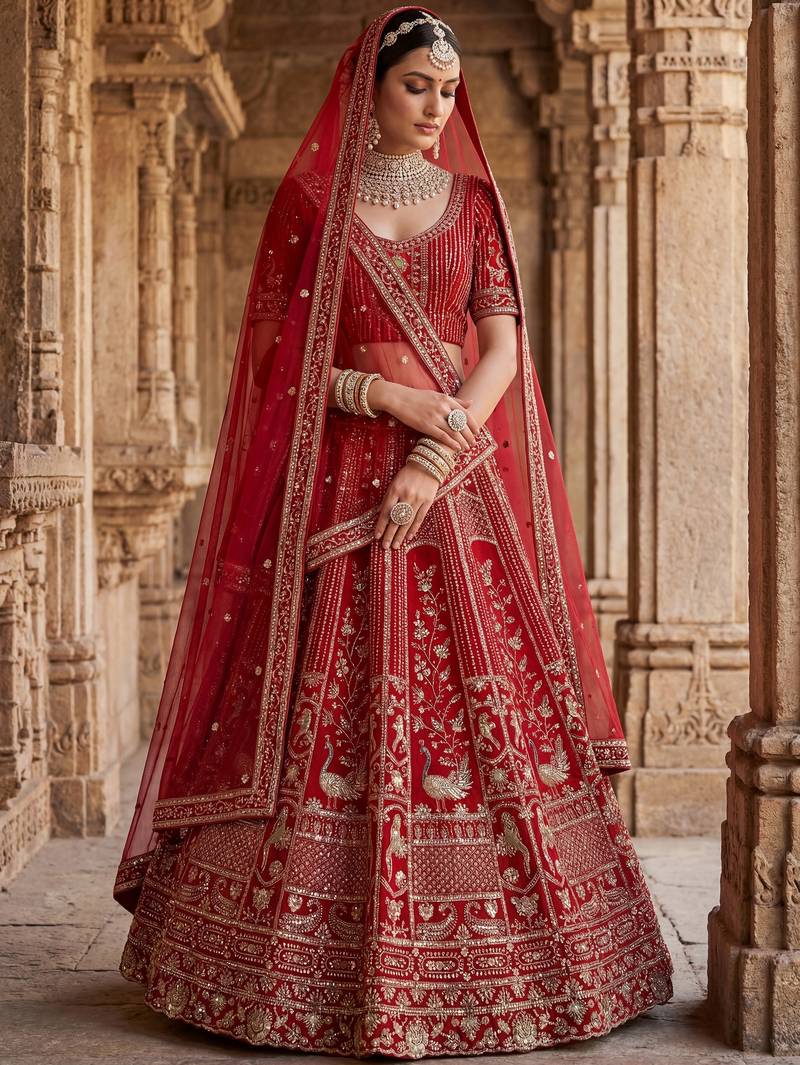 Astonishing Red Hand Work Silk Bridal Lehenga Choli With Double Dupatta