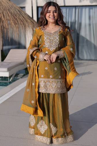 Lovely Mustard Yellow Zari Work Chiffon Wedding Wear Sharara Suit