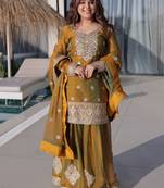 Lovely Mustard Yellow Zari Work Chiffon Wedding Wear Sharara Suit