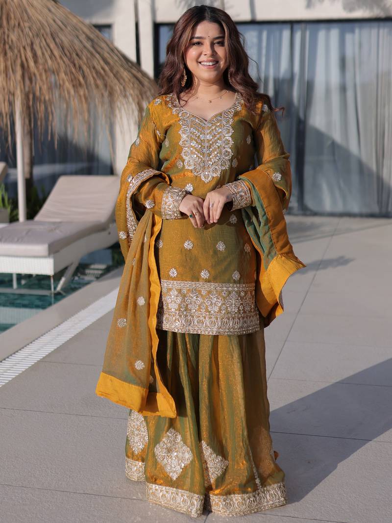 Lovely Mustard Yellow Zari Work Chiffon Wedding Wear Sharara Suit