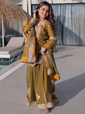 Lovely Mustard Yellow Zari Work Chiffon Wedding Wear Sharara Suit 3