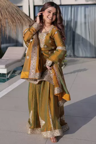 Lovely Mustard Yellow Zari Work Chiffon Wedding Wear Sharara Suit