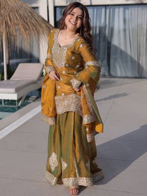 Lovely Mustard Yellow Zari Work Chiffon Wedding Wear Sharara Suit 4