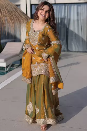 Lovely Mustard Yellow Zari Work Chiffon Wedding Wear Sharara Suit